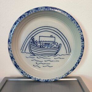Eldreth Pottery Salt Glaze Pottery Gray Blue Noah's ark 1999 Plate 11”D 1.25”T